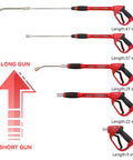 Comparison of red pressure washer guns with lengths from 47 inches to 9 inches, illustrating Upgraded Pressure Washer Gun With 47 Inch Extension Wand And 7 Inch 30 Degree Curved Rod M22 Fitting Five Nozzle Tips 5000 PSI 8 GPM Pro Grade Heavy Duty Spray Gun For Decks Siding Concrete And More