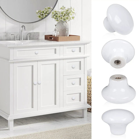 White Ceramic Cabinet Knobs 4 Pack Round Dresser Knobs For Kitchen Cabinets Drawers Nightstands And Bathroom Vanities Durable Ceramic With Metal Shaft 32mm Diameter 22mm Height Easy Install Upgrade on white vanity