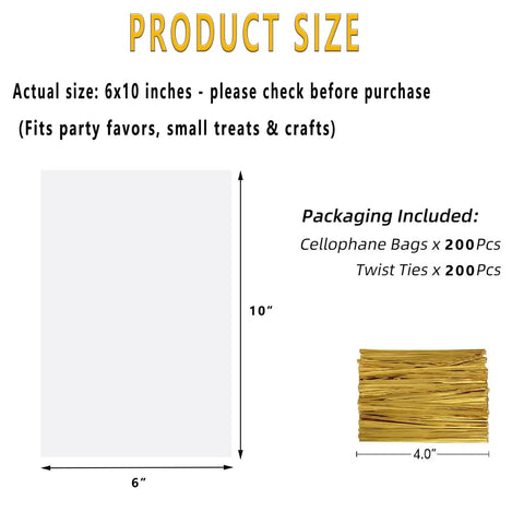 Clear Cellophane Treat Bags 200 Pack 6X10 Inch With Gold Twist Ties packaging details and dimensions
