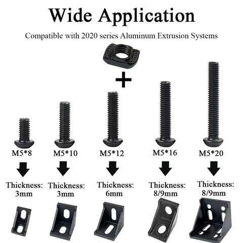 252 Piece M5 T Nuts And T-Slot Bolts Extrusion Accessories Kit showing various bolt sizes with thickness for 2020 aluminum extrusion.