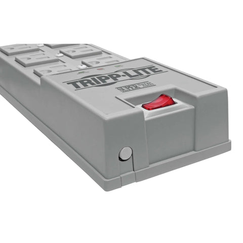 Six Outlet Surge Protector Power Strip With Six Foot Cord And Right Angle Plug For Home Office And Electronics Protection From Surges And Spikes Plus Insurance Up To Fifty Thousand Dollars In Grey, close-up of outlets and switch