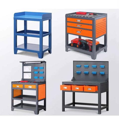 Built Legit Tough Heavy Duty Garage Workbench With Pegboard And Hanging Parts Bins For Your Shop Featuring Lockable Drawers And Bulletproof Steel Shelves To Kick Your Tool Layout Up, showcasing four workbench styles.