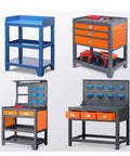 Badass Heavy Duty Steel Workbench And Garage Tool Organizer With Pegboard Lockable Drawers Hanging Parts Bins Multi Tier Shelves For Pro Workshop Shop Small showcased in four angles with tools and bins.