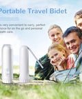 Portable Travel Electric Bidet Bottle Sprayer For Personal Hygiene And Baby Care with family camping in background