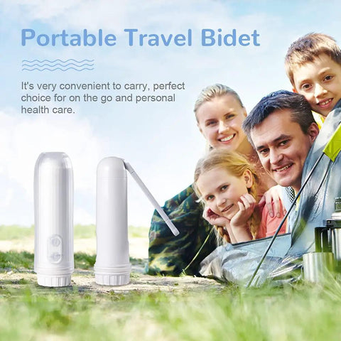 Portable Travel Electric Bidet Bottle Sprayer For Personal Hygiene And Baby Care with family camping in background