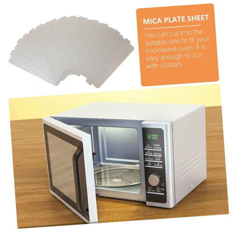 Six Piece Microwave Waveguide Mica Sheet Insulation Covers Set, shown with a microwave oven highlighting easy install and cutting feature.