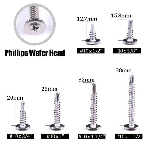 410 Stainless Steel Self Drilling Screws Kit For Metal With Wafer Head Phillips Drive Six Size Assortment For Sheet Metal