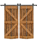 Walnut Stained DIY Wood Double Bi Fold Barn Doors With Sliding Hardware Kit, 72 By 84 Inches, Solid Knotty Pine, Space Saving Barn Door Set