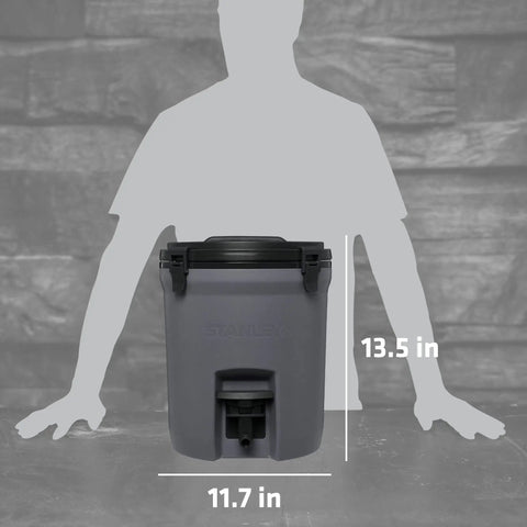 Adventure Fast Flow 2 Gallon Water Jug with Leakproof Ice Dispenser, charcoal color, front view, size dimensions shown, BPA free.