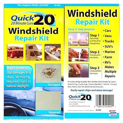 Packaging of Do It Yourself 20 Minute Windshield Repair Kit for repairing rock chips and stone damage on vehicles.