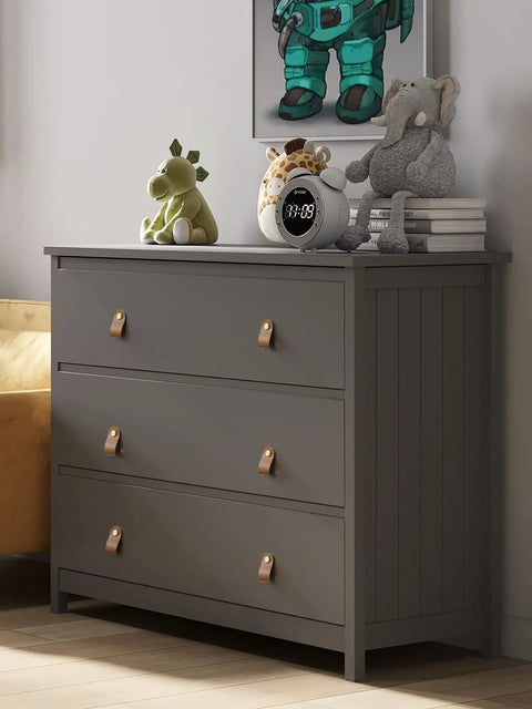 Modern dresser with brown leather drawer pulls 6 pack for kitchen cabinets and drawers, textured leather handles with grain finish.