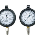 Master Engine and Transmission Oil Pressure Test Set: two gauges with brass fittings, front view