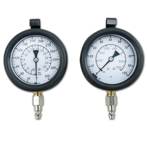 Master Engine and Transmission Oil Pressure Test Set: two gauges with brass fittings, front view