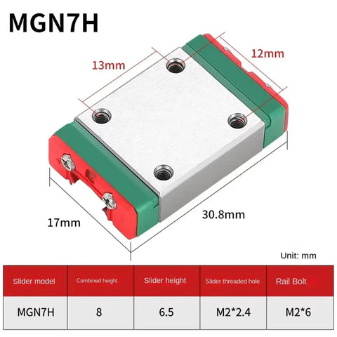 Close-up of MGN7H guide block from Miniature Linear Rail Kit 550mm to 1000mm With Two Guide Blocks 800mm Long Slick Rock Solid Precision Linear Motion.