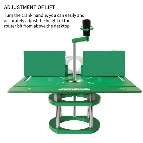 Boss Tier Router Table Lift System With Heavy Duty Aluminum Insert Plate For 65 Mm Motors, featuring adjustable crank handle.