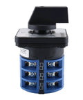 Front view of a 32A 660V 3 Phase Rotary Changeover Switch with 12 terminals, black handle, for motor control and power selection.