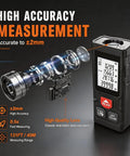 Heavy Duty Digital Laser Distance Meter 131 Ft Measuring Tool With Glowing Backlit Lcd Screen displaying high accuracy features and lens components.