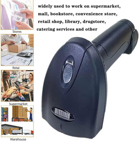 Hassle Free Wireless Bluetooth Barcode Scanner Cordless 1D 2D QR Code Reader for retail, featuring a handheld design.