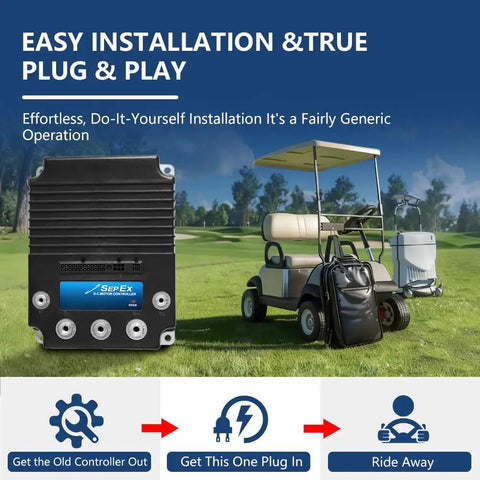 Plug And Play Golf Cart Controller 48V 400A Direct Replacement Easy Diy Install with golf cart background.
