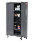 Mobile Storage Cabinet With Four Adjustable Shelves, Recessed Handle, 3 Point Locking System, Heavy Gauge Steel, Charcoal Finish, 36 In W By 24 In D By 78 In H, Industrial Grade Lockable Cabinet with open doors and contents visible.