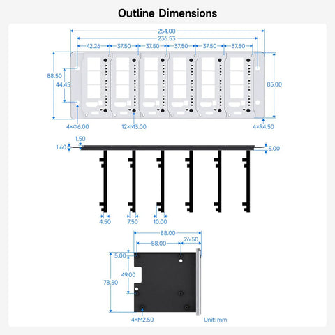 Outline dimensions of Two U Rack Mount Cluster Kit For Raspberry Pi 4 And 5 Featuring Built In Gigabit Switch modular frame.