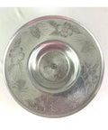 Top view of 15 Inch Hand Wrought Aluminum Lazy Susan for Dining Table and Kitchen Countertop Decor Tray with floral details
