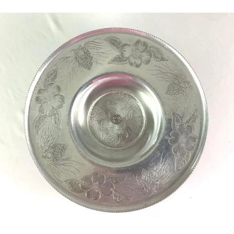 Top view of 15 Inch Hand Wrought Aluminum Lazy Susan for Dining Table and Kitchen Countertop Decor Tray with floral details