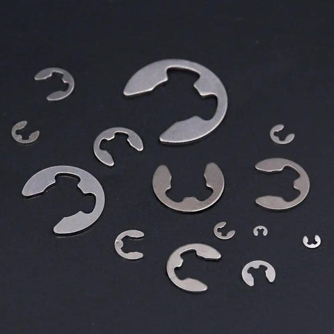 380 Piece E Clip Circlip External Retaining Ring Set In 14 Sizes 304 Stainless Steel on black background