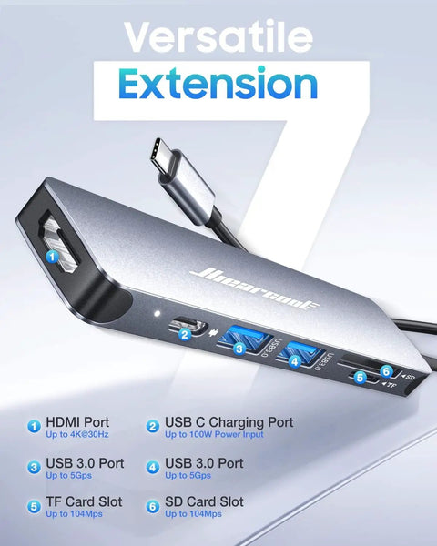 Angle view of 7 In 1 USB C Hub For MacBook And USB C Laptops With 4K HDMI 100W Power Delivery USB 3 0 Ports SD And TF Card Reader Space Gray