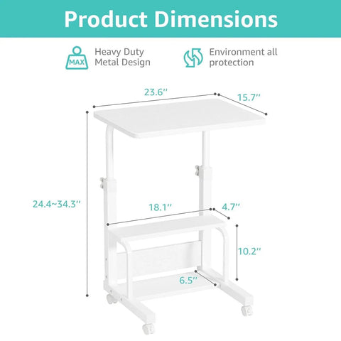 Space Saver C Shaped Laptop Desk On Wheels For Small Spaces White 24 Inch Height Adjustable With 2 Tier Storage Shelves Mobile Under Sofa Or Bed Setup