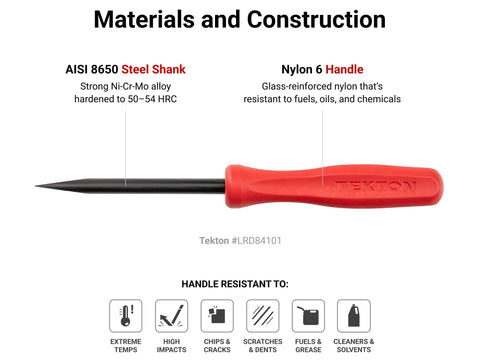 Steel shank and nylon handle of Six Piece Mini Pry Bar Set With 1/4 Inch And 5/32 Inch Bars, Straight, 30 Degree And 50 Degree Tips.