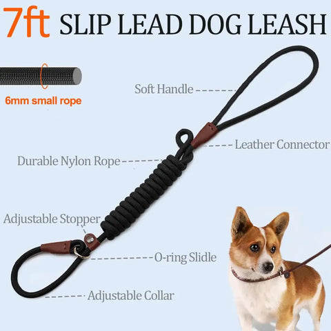 No Pull Slip Lead For Dogs 7 Ft Rope Leash 1/4 Inch Width 2-in-1 Leash and Collar with Adjustable Stopper and Soft Handle.
