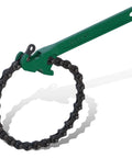 Green handled chain wrench with metal links, different from the Yellow All Purpose Belt Strap Wrench With 23 Inch Adjustable Strap