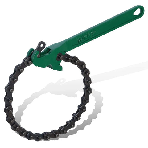 Green handled chain wrench with metal links, different from the Yellow All Purpose Belt Strap Wrench With 23 Inch Adjustable Strap