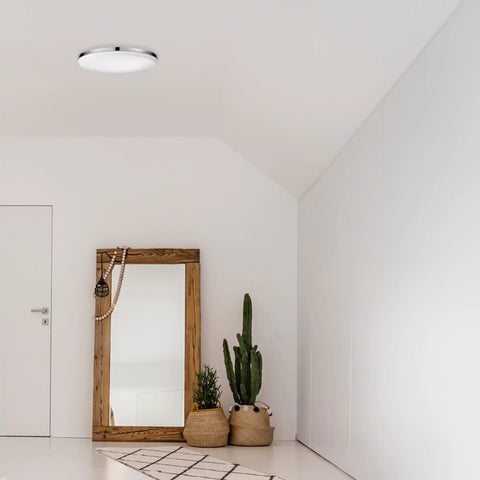 Ultra Slim 14 Inch LED Flush Mount Ceiling Light in Chrome with Frosted Shade, low profile design in modern room setting