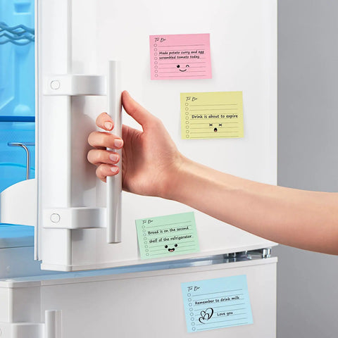 Hand opening fridge with 10 Pack To Do List Sticky Notes 3x4 Inches Square Lined Notepads, colorful reminders on door.