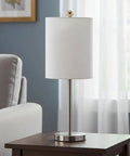 Fresh White Linen Drum Lamp Shade With Brass Spider Fitter for Table Lamps, 8 inch wide, in a cozy living room setting.