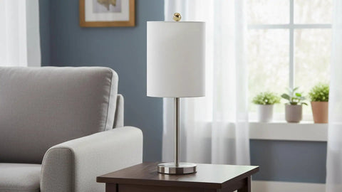 Fresh White Linen Drum Lamp Shade With Brass Spider Fitter for Table Lamps, 8 inch wide, in a cozy living room setting.