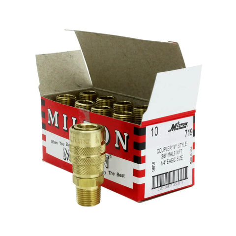 Box of 10 brass 3/8 Inch MNPT M Style Quick Change Coupler for Air Tools, Handles Up To 300 PSI, Delivers About 40 SCFM