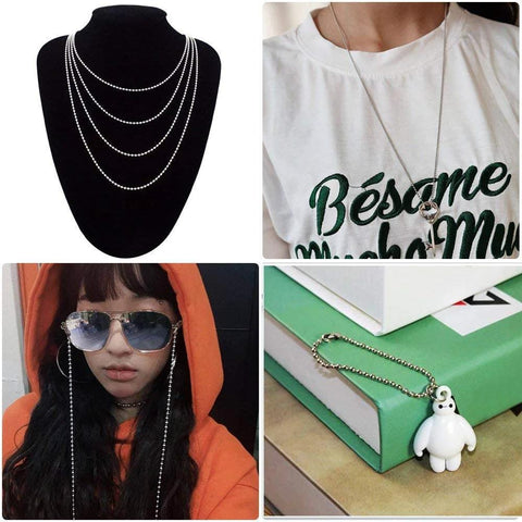 Stainless Steel Bead Pull Chain Extension 15 Feet With 3.2mm Diameter Size 6 shown in various uses including necklace and keychain