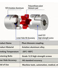Heavy Duty Plum Flexible Shaft Coupling For CNC Machines 14Mm To 38Mm Bore Aluminum Alloy jaw connector with polyurethane blossom pad