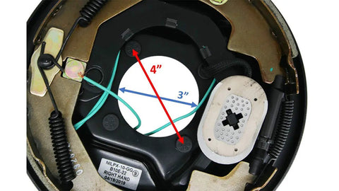 Close-up of Electric Trailer Brake Assembly 10 Inch By 2 And A Quarter Inch For 3500 Lb Axles showing 4-inch bolt circle.