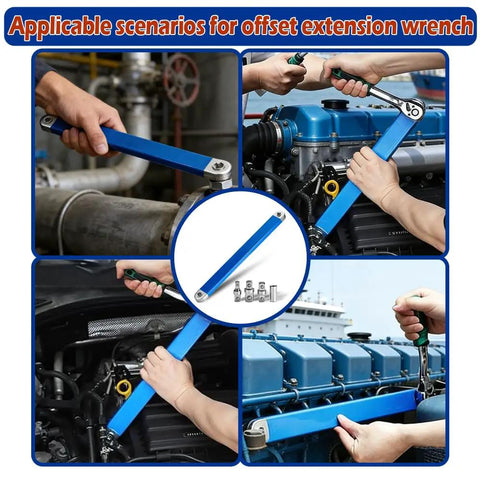 Wrench Extender Kit With Non Swivel Leveraging Ratchet Socket Tool And Two Adapters For Tight Spaces in use on engines