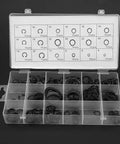 Heavy Duty Circlip Assortment With 225 Pieces In 18 Sizes Of Internal And External Snap Retaining Clips in translucent case.