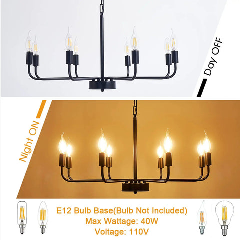 Matte Black Chandelier For Dining Room Living Room Foyer And Kitchen Island With 8 Lights Modern Farmhouse Rustic Industrial Pendant Light Fixture For Ceiling Mount Dope Vibe That Slaps, showing day and night lighting effects.