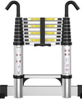 Aluminum Telescoping Ladder 8.5 Ft With Hooks And Stabilizer For Easy Extension And Folding Heavy Duty Portable Step Ladder With Safe Locking Clicks Built To Last For Home Garage And Jobsite High Reach Tasks, folded with stabilizer and hooks