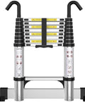 Beefy 15 Foot Aluminum Telescoping Ladder With Hooks And Stabilizer, retractable, shown folded with EN131 certification label.