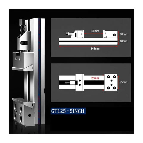 Badass Heavy Duty Machine Vise With Five Inch Jaw Opening Built For CNC Milling Lathes And Metal Fabrication showing dimensions 150mm, 345mm, and 125mm.
