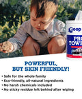 Child with Go To Heavy Duty Cleaning Wipes For Tough Multi Surface Jobs Extra Large 10x12 Inch Towels That Take On Grease Grime Paint Tar Like A Pro Safe On Tools Machinery And Painted Surfaces 90 Count container, outdoors.