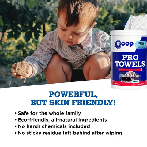 Child with Go To Heavy Duty Cleaning Wipes For Tough Multi Surface Jobs Extra Large 10x12 Inch Towels That Take On Grease Grime Paint Tar Like A Pro Safe On Tools Machinery And Painted Surfaces 90 Count container, outdoors.